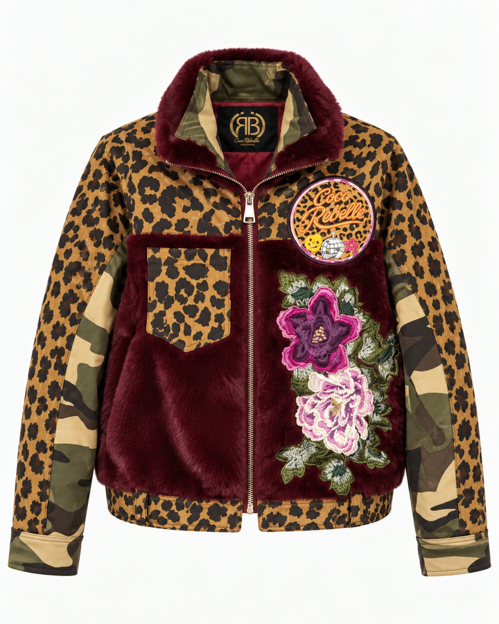 Burgundy Floral Leopard Bomber