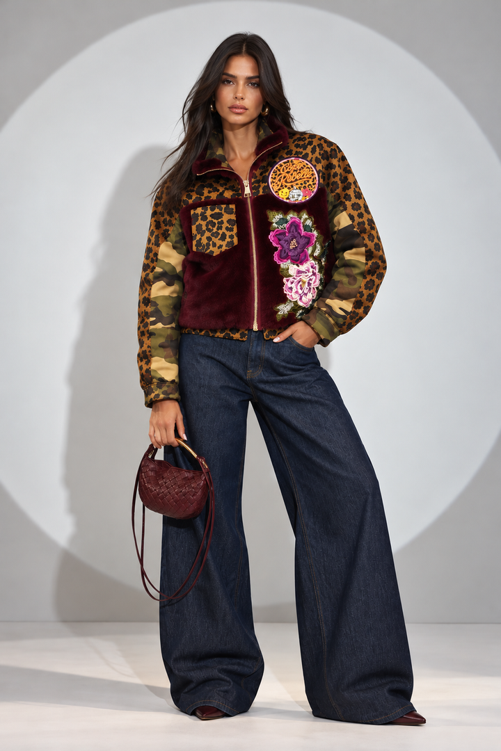 Burgundy Floral Leopard Bomber