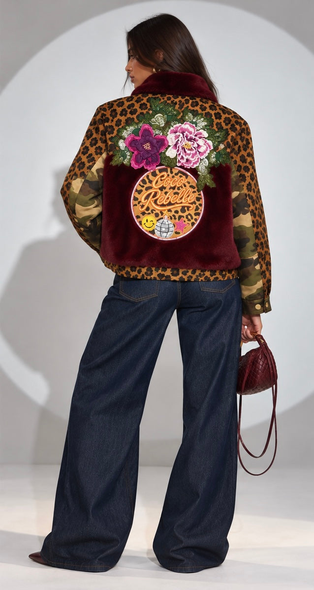 Burgundy Floral Leopard Bomber